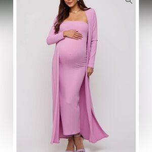Pinkblush Maternity Pink Ribbed Sleeveless Dress Cardigan Maternity Set